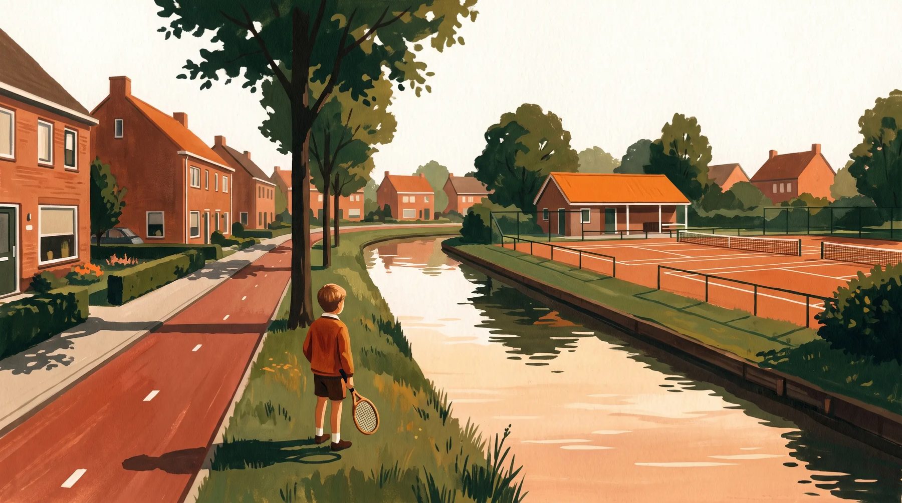 Painted Dutch new town: a canal with a red bike lane on one side, a small tennis club on the other, and a boy with a racket looking across the water