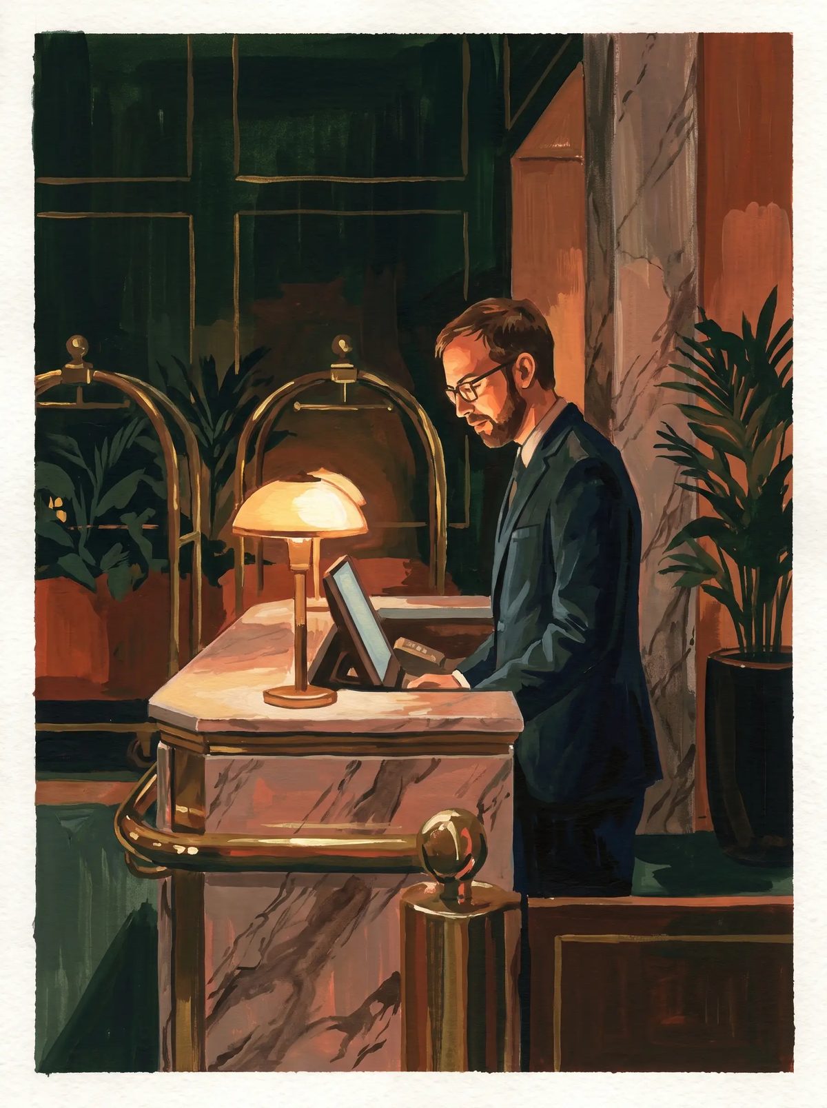 Painted scene of a younger Sjoerd with hair and glasses working at a lamplit five-star hotel reception desk at night