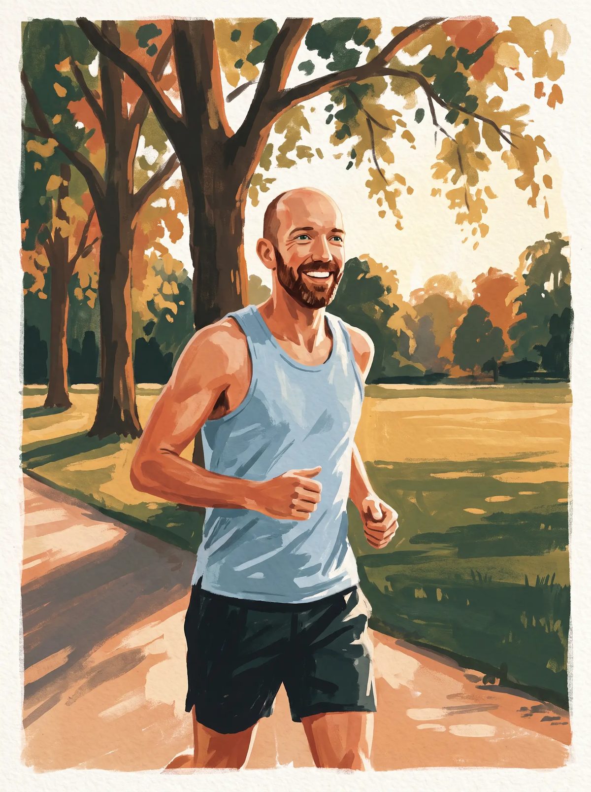 Painted scene of Sjoerd running through a London park in golden morning light