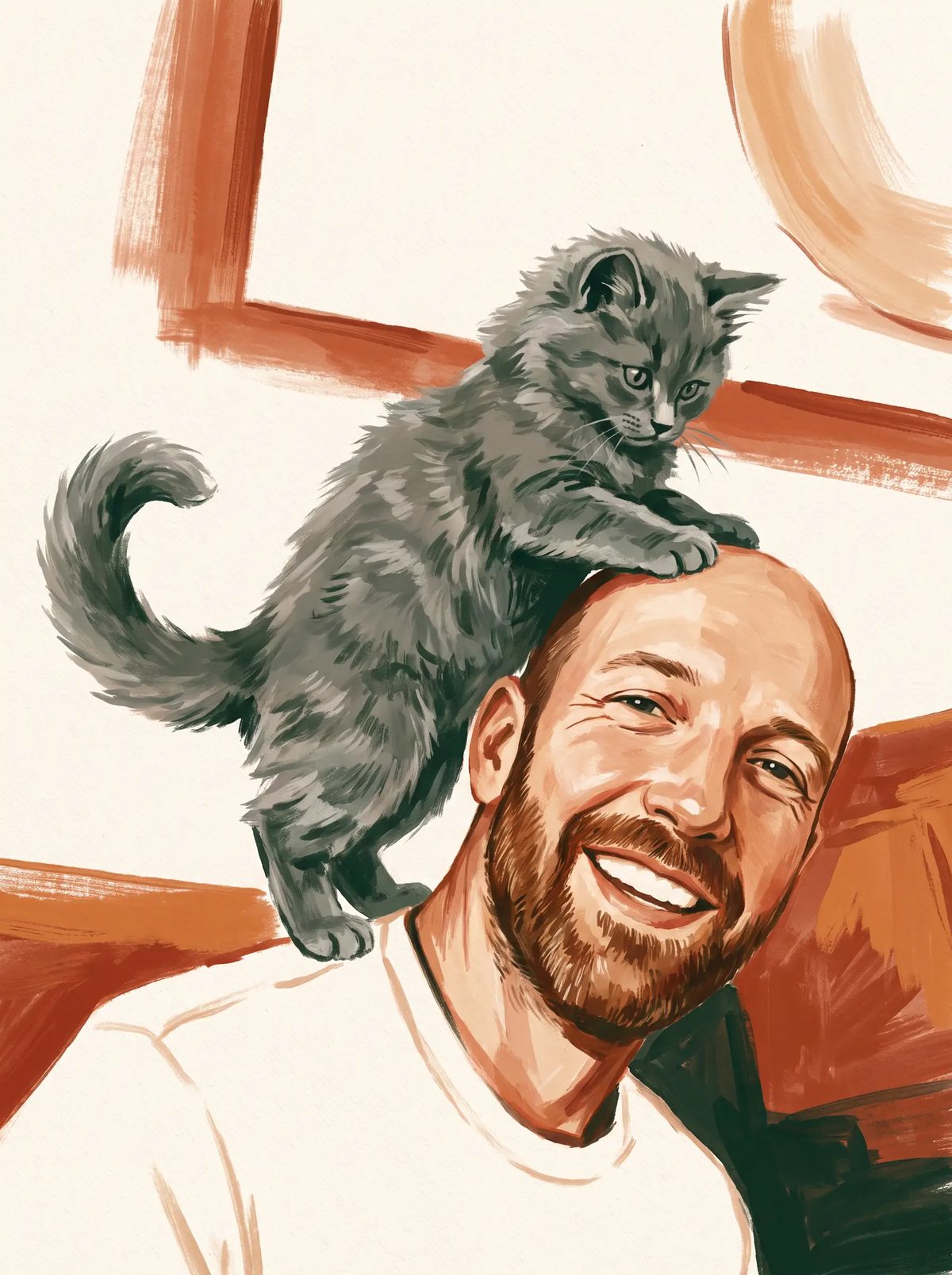 Painted scene of a grey foster kitten climbing onto Sjoerd's head while he laughs