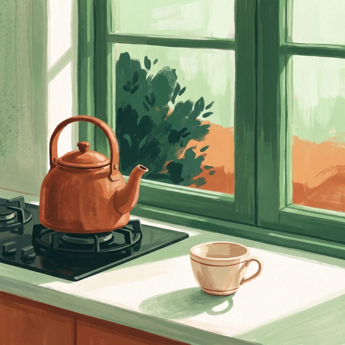 Painted still life of a kettle on a hob beside a window, one cup waiting