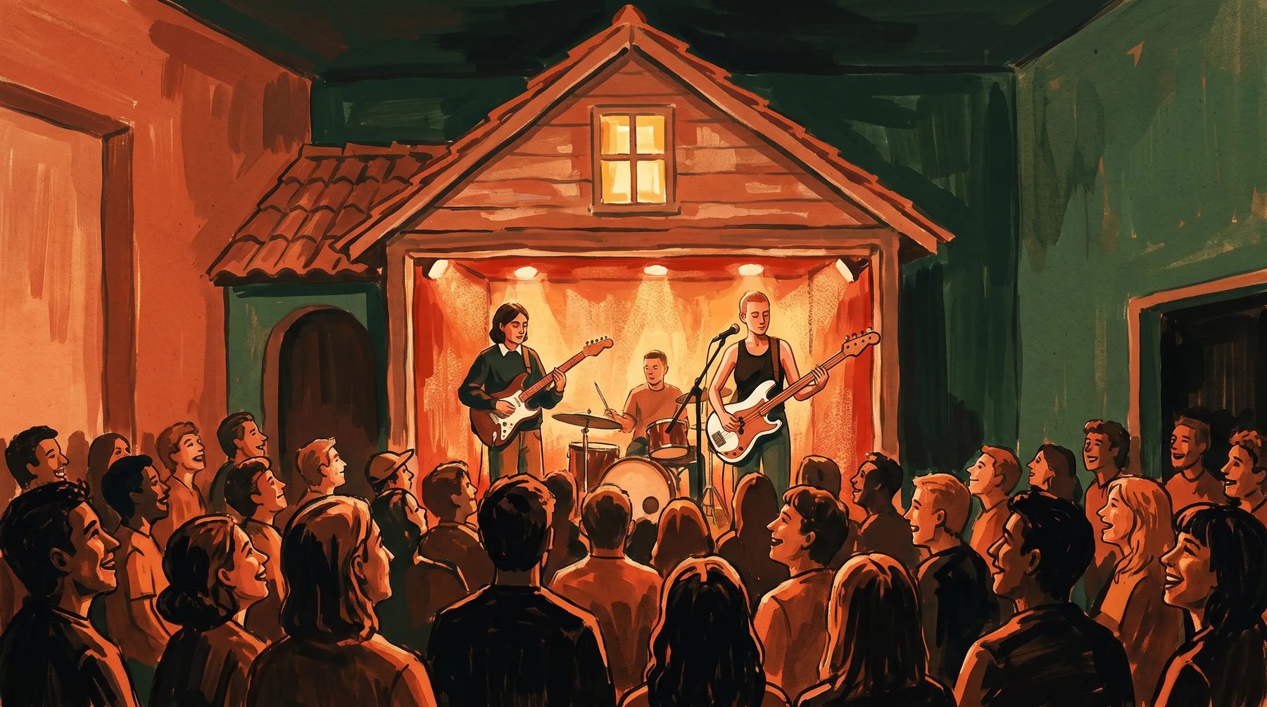 Painted scene of a tiny London venue: a band playing on a stage built like the front of a little house, warm light over a small crowd