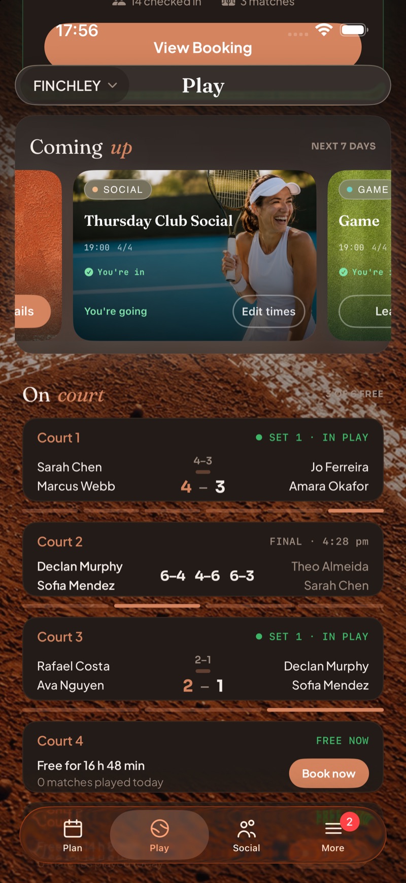 Courting's Play hub in the clay club theme: an upcoming club social, live scores on three courts, and a free court ready to book