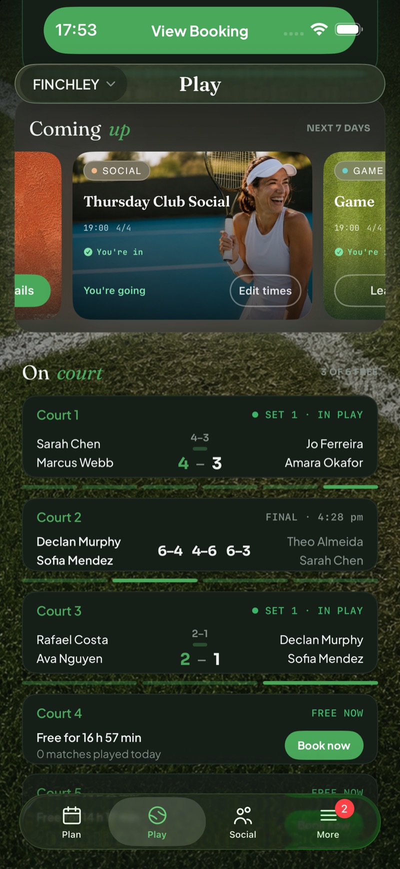 The same Play hub in the grass club theme, during a live session with three matches in play