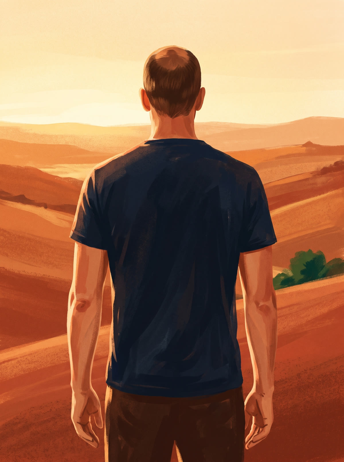 Painted illustration of Sjoerd from behind, looking out over warm terracotta hills at golden hour